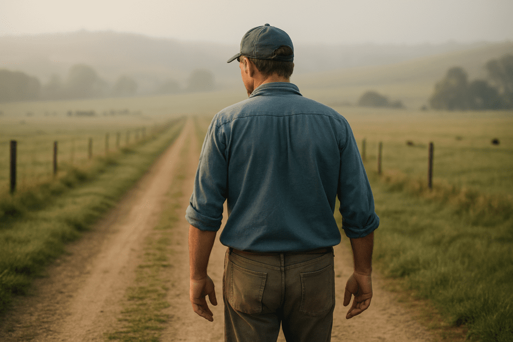 A farmer walks alone along a country track on a foggy morning, symbolising how one person often carries the farm’s knowledge and the importance of sharing plans for the future.
