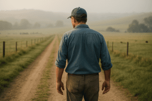 A farmer walks alone along a country track on a foggy morning, symbolising how one person often carries the farm’s knowledge and the importance of sharing plans for the future.